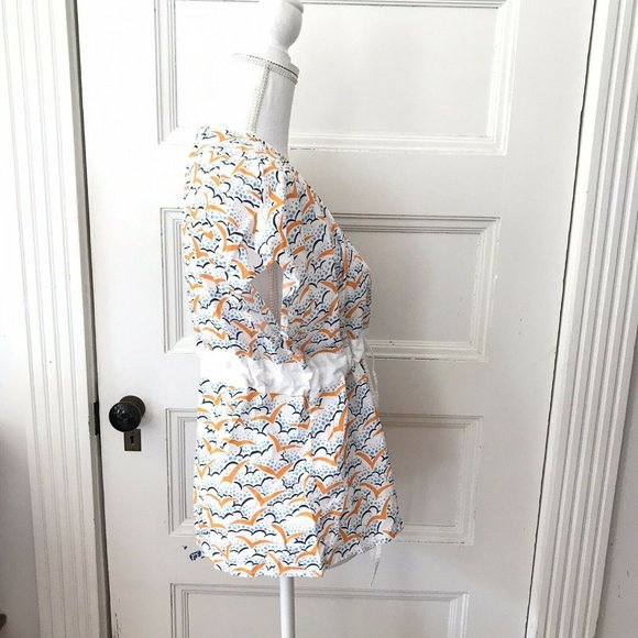 Eley Kishimoto Blue Orange White Bird Print Top Cotton Drawstring Waist - Picture 2 of 4